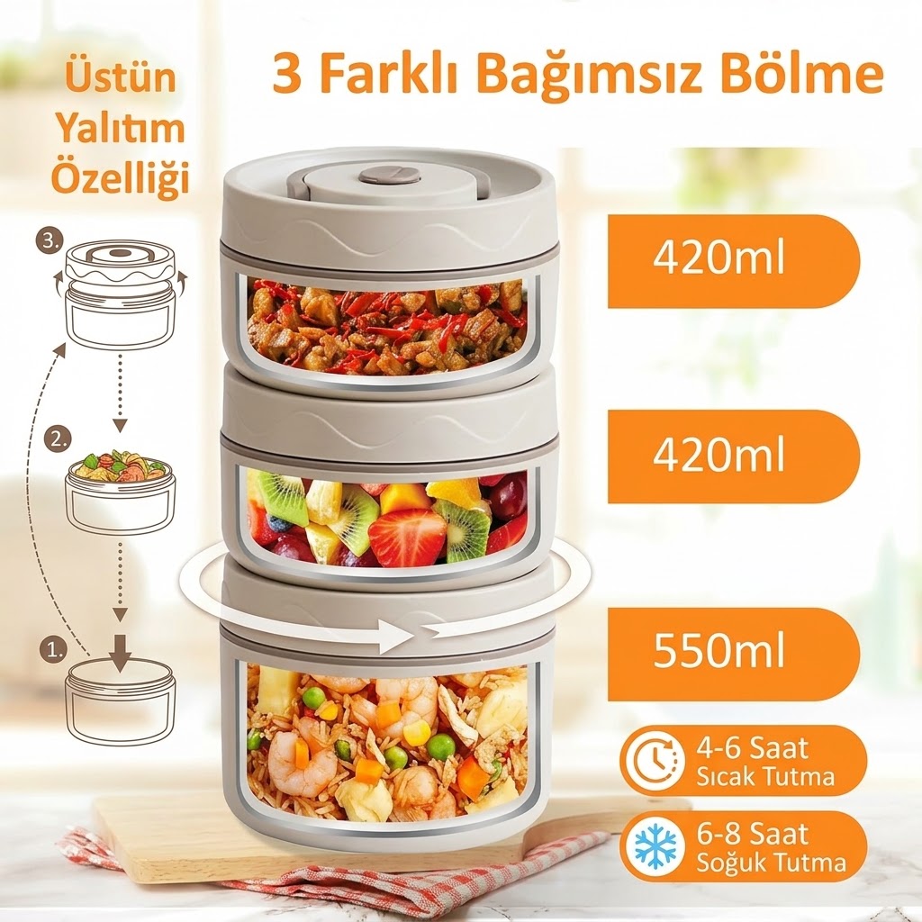 Paslanmaz Çelik Yemek Termosu Isı Yalıtımlı 2'3'4 LÜ Set 304 Çelik Kılıflı Çantalı