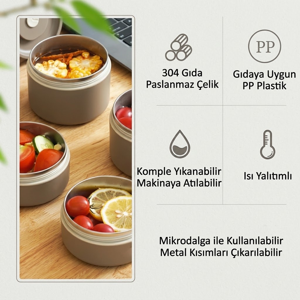 Paslanmaz Çelik Yemek Termosu Isı Yalıtımlı 2'3'4 LÜ Set 304 Çelik Kılıflı Çantalı